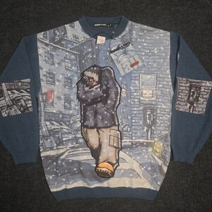 Unique Urban Graphic Sweater in Blue and Gray